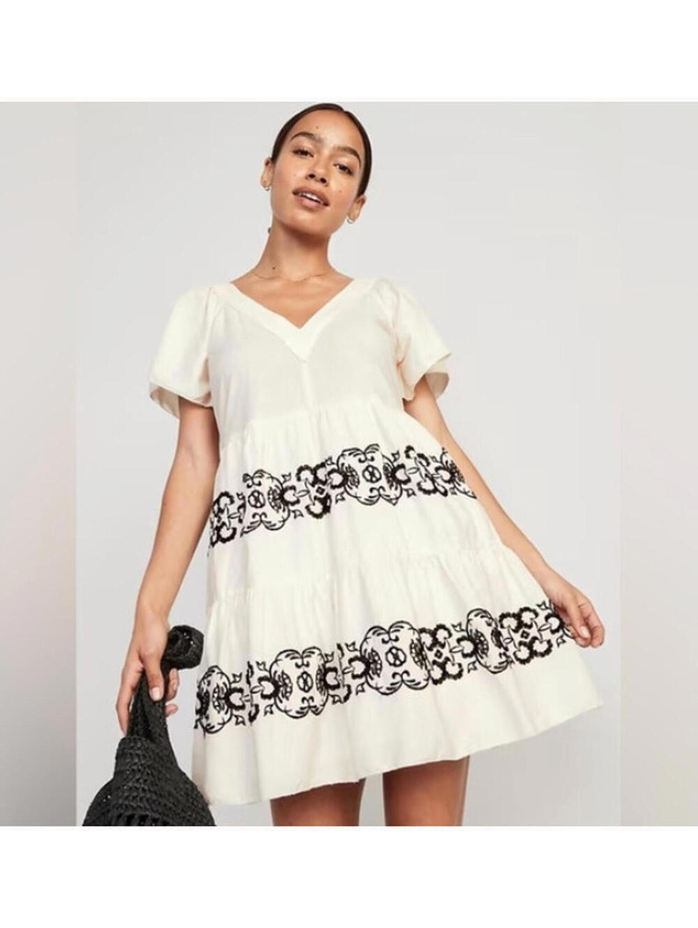 Old Navy sz L white short‎ sleeve cotten baby doll dress boho embroidered #3374